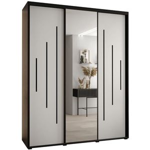 MEBLE KRYSPOL Davos 13 200 Kledingkast met drie schuifdeuren voor slaapkamer - Moderne Kledingkast met spiegel, kledingroede en planken - 235,2x200x60 cm - Zwart Wit Zwart