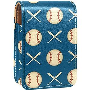 Lippenstift Hoesje met Spiegel Retro Baseball Patroon Blauw Retro Lip Gloss Houder Draagbare Lipstick Opbergdoos Reizen Make-up Tas Mini Lederen Cosmetische Pouch Houdt 3 Lippenstift