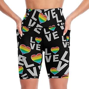 Gay Love Rainbow Heart Yoga-bikershorts voor dames, hoge taille, trainingsbroek met zakken
