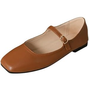 Women's Mary Jane Shoes Comfortable Square Toe Flats Buckle Strap Ballet Flats Comfortable Leather Dress Shoes (Color : Brown, Size : 42 EU)