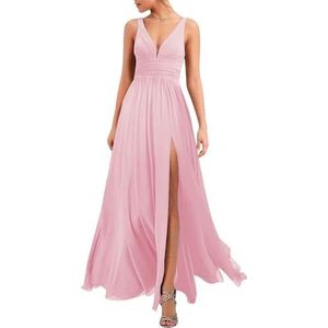 V-hals Lange Bruidsmeisjes Jurken Chiffon A-lijn Geplooide Prom Jassen met Zakken YIAX208, roze, 40
