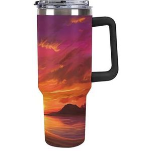 STVNKML 40 oz beker met handvat zonsondergang roestvrijstalen koffiemok herbruikbare reismok lekvrije geïsoleerde autobeker grote capaciteit beker voor reizen, buiten, thuisgebruik (zwart)