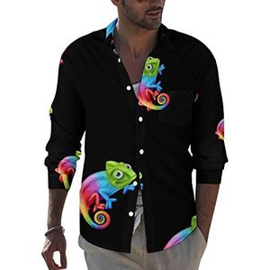 Gekleurde kameleon hagedis heren revers lange mouw overhemd button down print blouse zomer zak T-shirts tops 3XL