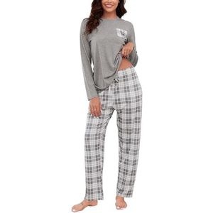Reliwel Damespyjama's met lange mouwen en geruite pyjamabroek, tweedelige set, zachte nachtkleding voor dames, loungewear, pyjamaset, S-XXL