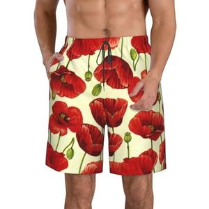 PHTZEZFC Strandshorts voor heren, rode bloemenprint, lichtgewicht, sneldrogend, zwembroek met trekkoord en zakken, Wit, L