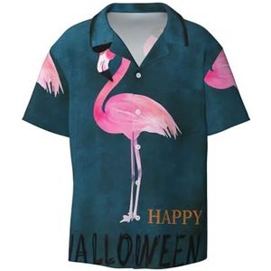 TyEdee Halloween Flamingo Heksenhoed Print Heren Korte Mouw Jurk Shirts met Zak Casual Button Down Shirts Business Shirt, Zwart, 4XL