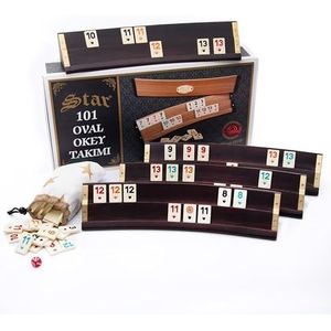 TruWare Just Camp Rummy Speelset van hout met melamine stenen, ovaal, Rommé Star Okey Takimi gezelschapsspel, legspel met dobbelstenen