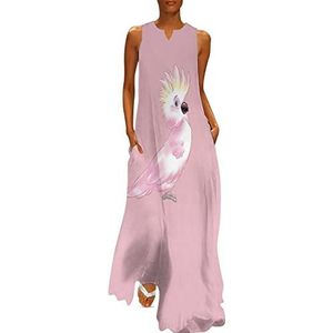 Roze kaketoe papegaai dames enkellengte jurk slim fit mouwloze maxi-jurk casual zonnejurk 2XL
