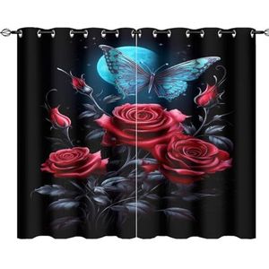 AEMYSKA Mooie rozen verduisterende gordijnen voor woonkamer blauwe vlinder rode bloem raambekleding thermisch geïsoleerde gordijnen voor slaapkamer 182 x 160 cm print doorvoertule gordijn