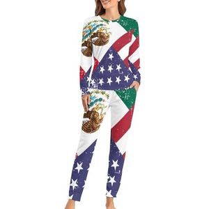 Vintage Amerikaanse Mexico Vlag Zachte Womens Pyjama Lange Mouw Warm Fit Pyjama Loungewear Sets met Zakken 4XL