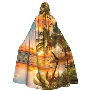 LAMAME Sunset Hawaiiaanse palmboom golven bedrukt unisex capuchon Halloween mantel volwassen lange cape gewaad Halloween Kerstmis kostuum