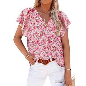 QLXYYFC Vrouwen Blouse Korte Mouwen V-hals Print Blouse Pullover Tops Shirt Basic Losse Casual Tops Zomer Mode T-shirt (Color : Red, Size : L)