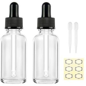 Apstaqeoo 2 stuks 50 ml heldere glazen druppelflesjes - lege navulbare monsterfles met druppelpipet, zwarte dop voor etherische olie, aromatherapie, parfumlaboratorium