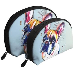 Make-uptas, cosmetische reistas 2 stuks draagbare clutch zakje set zakje organizer Franse bulldog schilderij, zoals afgebeeld, Eén maat