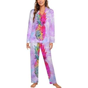 Hawaiiaanse tropische neon ananas vrouwen lange mouw button down nachtkleding zachte nachtkleding lounge pyjama set L