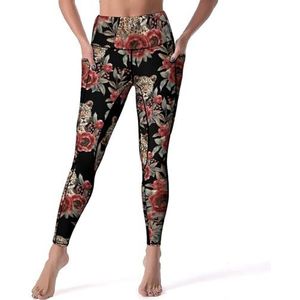 Luipaard in Rode Pioenroos Bloemen Vrouwen Yoga Broek Leggings Hoge Taille Workout Broek Met Zakken