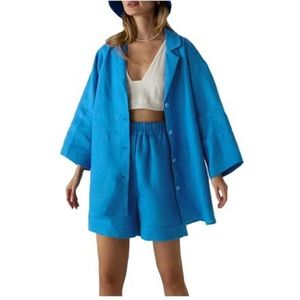 Leader of the Beauty Dames zomer trainingspak tweedelige outfit top en shorts broek sets casual losse gym sportkleding sets, Blauw, S