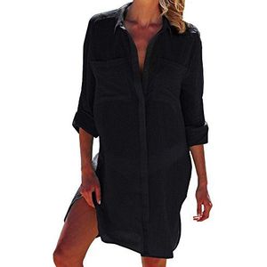 FreestyleMo Strandjurk voor dames, lange mouwen, knopen, bikini cover-up strandponcho, zomer, longshirt, strandhemd, zwart, Eén maat