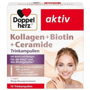 Doppelherz Collageen + biotine + ceramide - biotine, vitamine B2, niacine en zink ondersteunen het behoud van de normale huid - 10 drinkampullen met mango-maracuja-smaak