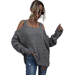 Dames trui gebreide vierkante hals, off-shoulder lange mouw, Dark Grey, L