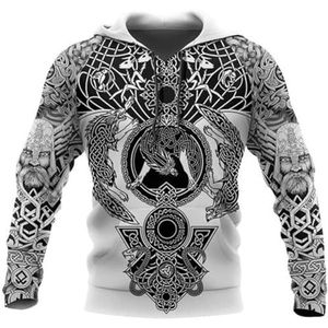 Nordic Fenrir Wolf Hoodie Voor Heren, 3D Digitale Tattoo Print Unisex Herfst Nieuwigheid Hiphop Outdoor Sweatshirt, Middeleeuws Heidens Los Sweatshirt met Grote Zak(Color:White,Size:XXL)