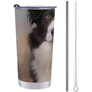 AQRJLPM Border Collie Autobeker van roestvrij staal, 20 oz beker met rietje en deksels, lekvrij geïsoleerde roestvrijstalen reiskoffiemok pobtable voor koude warme dranken kamperen