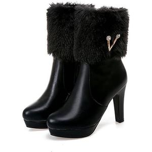 Winterlaarzen Dames Enkellaarsjes Met Hak Elegante Enkellaarsjes Met Pluche Revers Warme Pluche Gevoerde Snowboots PU Lederen Laarsjes Met Strass Platform Enkelschoenen for Feestjes (Color : Black,