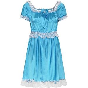 Satini Lingerie Satijn Sissy Babydoll Ruche Frilly Kant Slip Nachtkleding Jurk (Aquablauw, L)