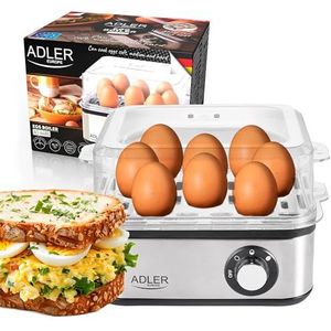 Adler AD-4486 Elektrische eierkoker, 1-8 eieren, 500 watt, roestvrijstalen verwarmingsplaat, automatische uitschakeling, controlelampje, oververhittingsbeveiliging, eierkoker, eierkoker
