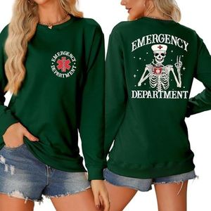 MLZHAN Spoedeisende Afdeling Aan De Voorzijde Print Vrouwen Halloween Sweatshirts Grappig Skelet Verpleegster Hoed Cup De Rug Print Shirt (S, Vintage Groen), Vintage Groen, S