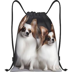 BTCOWZRV Trekkoord Rugzak Wit Papillon Print Waterdichte String Bag Verstelbare Gym Trekkoord Tas Sport Sackpack, Zwart, Medium