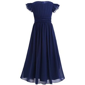 iiniim Feestelijke meisjesjurk, prinsessenjurk, chiffon, A-lijn, bloemenmeisjesjurk, geplisseerd, bruiloft, bruidsmeisjes, party, avondjurk, maat 104-164, marineblauw, 128