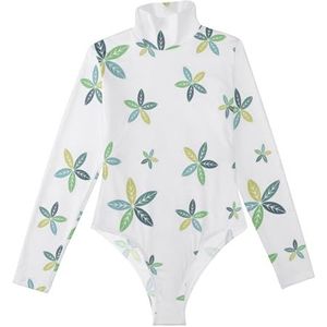 LI ZHI XIN Rompertjes met lange mouwen voor dames, eendelige jumpsuit met hoge hals, coltrui, turnpakje, top voor meisjes, dans, workout, fitness, bodysuit met groen bladpatroon, Meerkleurig, S
