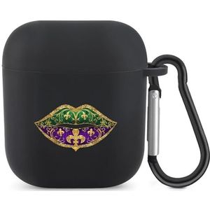 Mardi Paars Groene Lippen Fleur-De-Lis Gras Leuke Case voor AirPods 2&1 Schokbestendige Beschermende Hoofdtelefoon Gevallen Cover Met Sleutelhanger voor Mannen Vrouwen