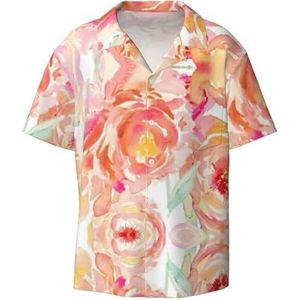 OdDdot Peach Peony Print Heren Overhemden Atletische Slim Fit Korte Mouw Casual Business Button Down Shirt, Zwart, 4XL