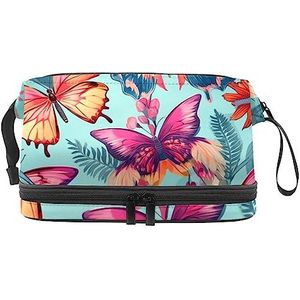 Dubbele Laag Cosmetische Tas Vlinders Roze Draagbare Make-up Tas Reizen Organizer Pouch voor Vrouwen Meisjes Toiletartikelen Tassen, multi 1, 27x15x14 cm/10.6x5.9x5.5 in, Make-up zakje