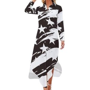 Amerikaanse Amerikaanse vlag zwart-wit dames maxi-jurk lange mouw knop shirt jurk casual feest lange jurken M