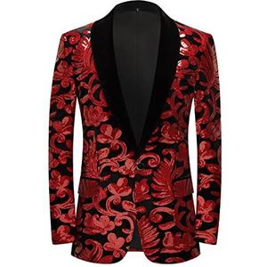 PYJTRL Herenmode fluweel pailletten bloemenpatroon blazer, rood, L