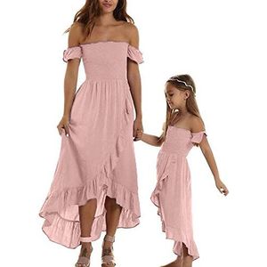 Mooie moeder dochter bijpassende jurken off shoulder maxi ruche backless matching outfit korte mouw strand moeder dochter matching outfits (Color : Pink, Size : 7-8 Jahre)