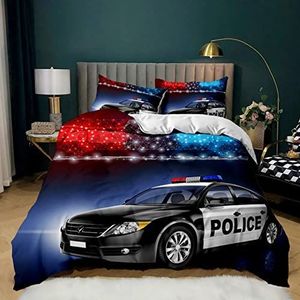 Beddengoed 135x200 politieauto, zacht en knuffelig microvezel dekbedovertrek wagen, kinderbeddengoed kind en 2 kussenslopen 80x80 cm
