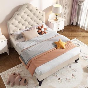 Aunvla Gestoffeerd bed, 90 x 200 cm, met lattenbodem en hoofdeinde, gestoffeerd bed met in hoogte verstelbaar hoofdeinde, jeugdbed, eenpersoonsbed, houten lattenondersteuning, eenvoudige montage,