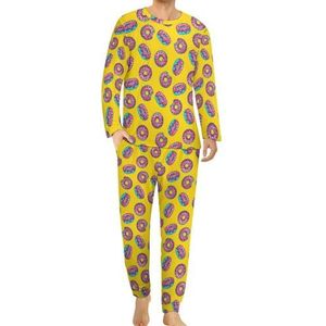Cartoon gele donut heren pyjama set lounge wear lange mouw top en onderkant 2 stuk nachtkleding
