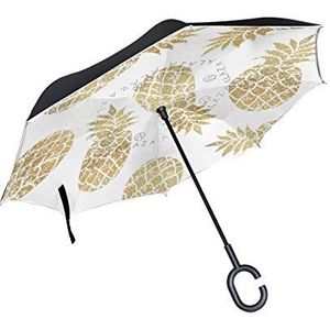 RXYY Winddicht Dubbellaags Vouwen Omgekeerde Paraplu Goud Ananas Art Schilderen Waterdicht Reverse Paraplu voor Regenbescherming Auto Reizen Outdoor Mannen Vrouwen