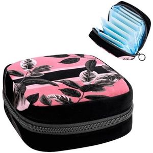 Draagbare maandverband Opbergtas, Menstruatiecup Pouch Vrouwelijke Menstruatie Pads Tas voor Tiener Meisjes, Tampons Eerste Periode Kit, Tropische Bladeren met Abstracte Roze Lijn