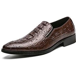 Formele Schoenen for Mannen Slip Op Krokodil Reliëf Puntschoen Kunstleer Rubberen Zool Blokhak Antislip Lage Top outdoor (Color : Brown, Size : 38 EU)