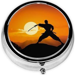 Pillendoosje met spiegel, retro pillendoosje met 3 compartimenten, zon karate, silhouet, kleine pillenorganizer voor portemonnee of zak, decoratieve metalen medicijnen, vitamine-organizer, unieke