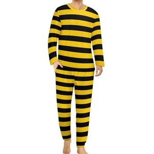 Bumblebee Strepen Comfortabele Heren Pyjama Set Ronde Hals Lange Mouw Loungewear met Zakken 6XL