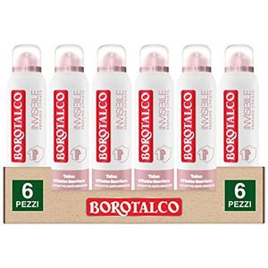 Borotalco Invisible Deodorantspray, 48 uur, met talkpoeder, barrièreeffect, droog, vlekvrij, zonder alcohol, poedergeur, 6 flessen à 150 ml