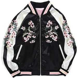 YJHLY Dames Bomberjack Vrouwen Satijn Geborduurd Bomber Baseball Jacket Dubbelzijdige Vrouwelijke Jas Bloemen Herfst Zijde Meisjes