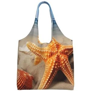 RLDOBOFE Zee zeester Print Canvas Tote Bag Voor Vrouwen Esthetische Boodschappentassen Schoudertas Herbruikbare Boodschappentassen, Zwart, One Size